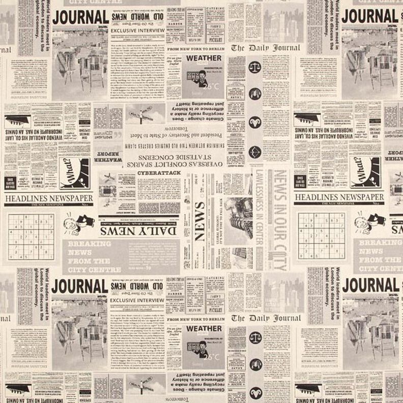 Decostof Half panama vintage krant – natuur/zwart,  image number 1