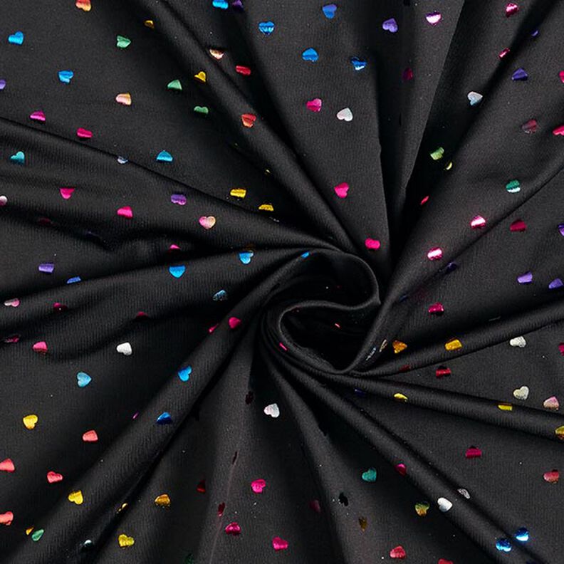 Foliejersey kleurrijke glinsterende hartjes – zwart,  image number 4