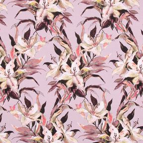 Katoenjersey Digitale print van grote lelies – pastelviolet/greige, 