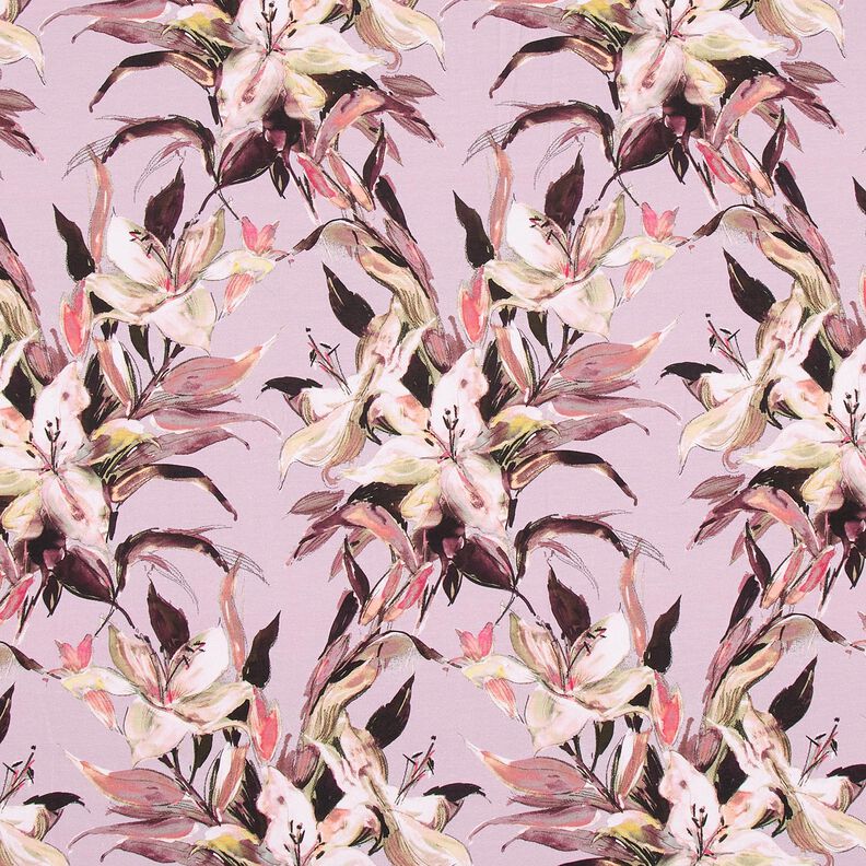 Katoenjersey Digitale print van grote lelies – pastelviolet/greige, image number 1