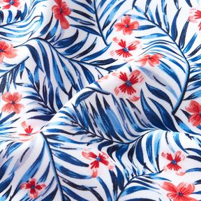 Badpakstof Bloemen en palmbladeren – wit/indigo, 