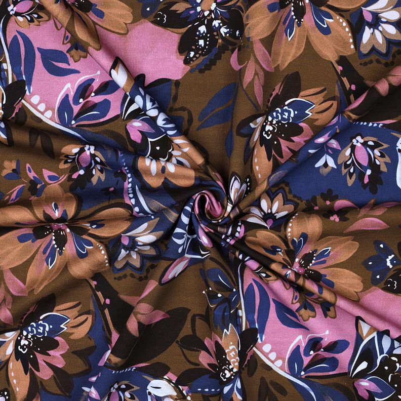 French Terry sommersweat Geschilderde bloemen Digitaal printen – indigo/kastanjebruin,  image number 3
