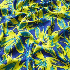 Crêpe Satijn grote kamillebloemen – indigo/citroengeel, 