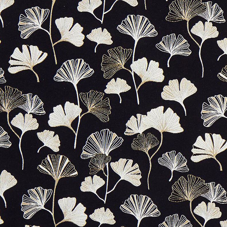 Decostof Jacquard Ginkgobladeren – zwart/goud,  image number 1