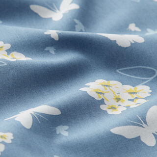 Katoen popeline bloemen en vlinders – blauw, 