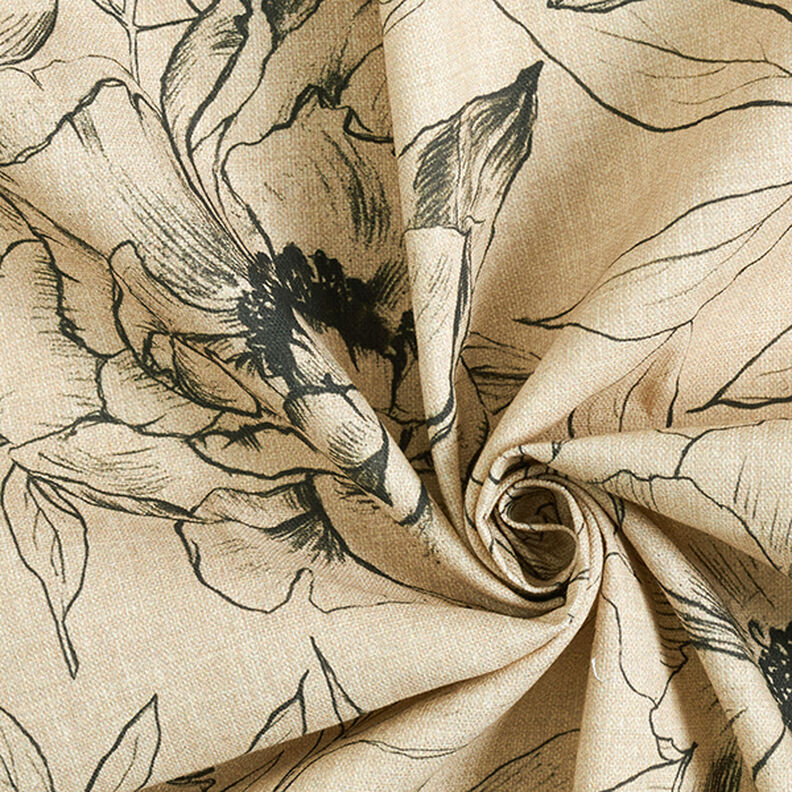 Decostof Half panama getekende bloemen – anemoon/zwart,  image number 3