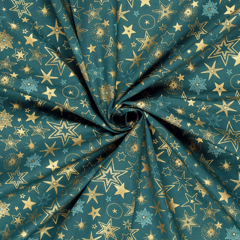 Katoenen stof Popeline Grote sterren – blauwe spar/goud, image number 3
