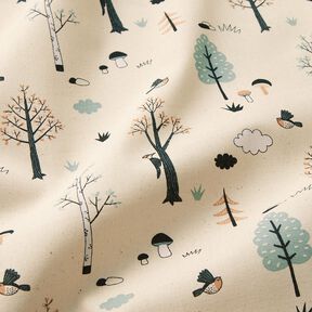 GOTS Katoenen stof Cretonne Vogels in het bos – natuur/eucalyptus, 