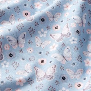 Katoenjersey Vlinders en bloempjes Digitaal printen – babyblauw, 