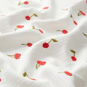 Mousseline/dubbel gehaakte stoffen opgestikte kersen | Poppy Fabrics – wit/vuurrood, 
