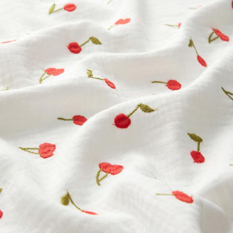 Mousseline/dubbel gehaakte stoffen opgestikte kersen | Poppy Fabrics – wit/vuurrood,  image number 2