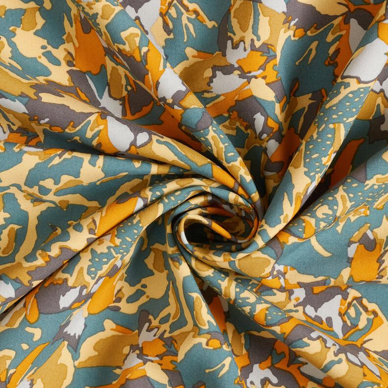 Viscosestof abstracte bloemenzee – blauwe spar/currygeel,  image number 3