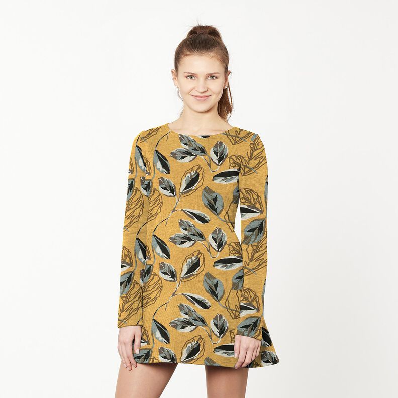 Viscosejersey grote herfstbladeren – currygeel/leigrijs, image number 6