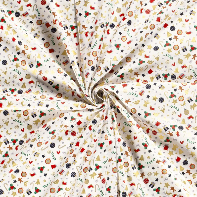 Katoenen stof Popeline kleine kerstmotieven – lichtbeige/goud,  image number 3