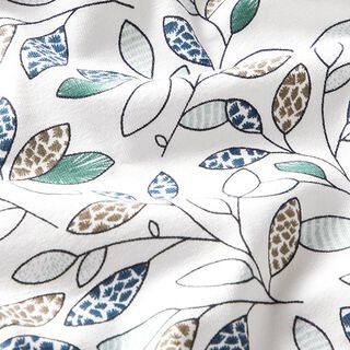 GOTS Katoenjersey Abstracte bladerranken – ecru/blauw, 