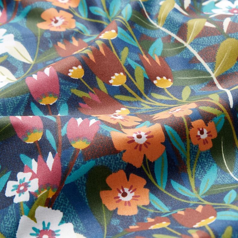 Gecoate katoen Bloemenmix &ndash; petroleum/roodbruin,  image number 2