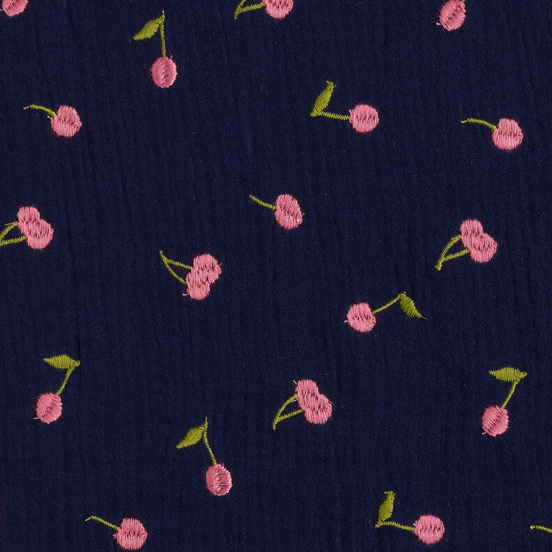 Mousseline/dubbel gehaakte stoffen opgestikte kersen | Poppy Fabrics – nachtblauw/roze,  image number 1