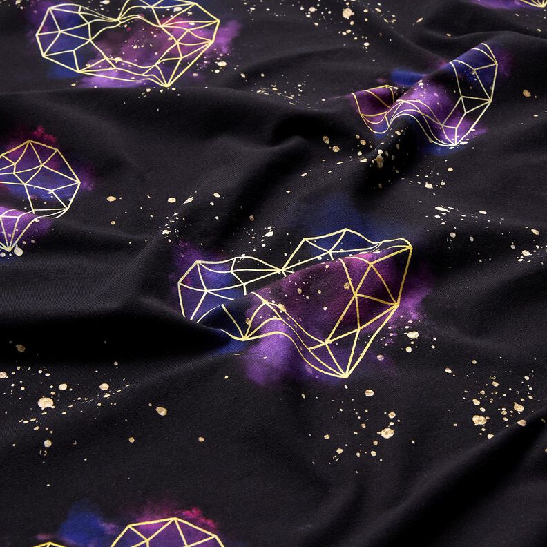 Katoenjersey Origami harten met gouden spikkels | Glitzerpüppi – zwart/lila, image number 2