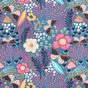 Katoenen stof Cretonne Vlinders en bloemen – blauwgrijs/pink, 
