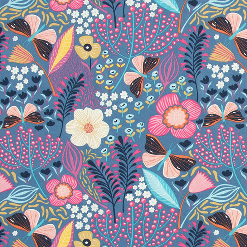 Katoenen stof Cretonne Vlinders en bloemen – blauwgrijs/pink,  image number 1