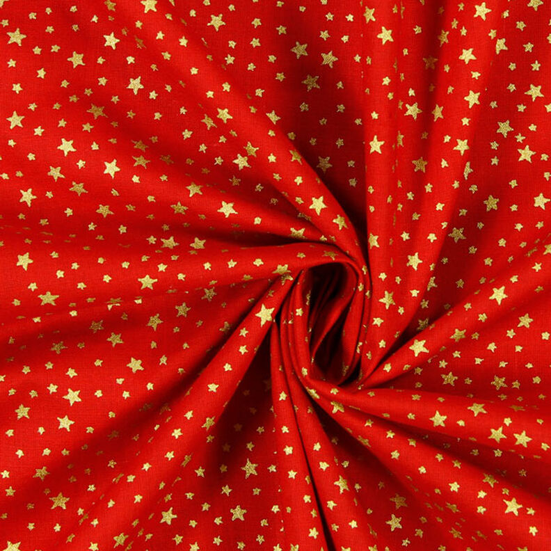 Katoenen stof cretonne Kerst sterrenhemel klein – rood/goud, image number 2