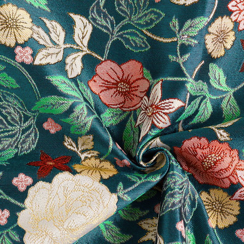 Decostof Jacquard Vintage bloemen – petroleum/donkerrood,  image number 3