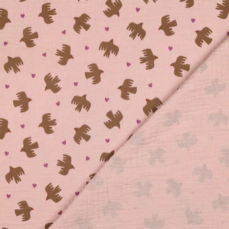 GOTS Mousseline/dubbel gehaakte stoffen Vogels en harten | Poppy Fabrics – oudroze, image number 5
