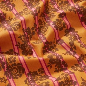 Katoenen stof Cretonne Bloemen op strepen – currygeel/purper, 