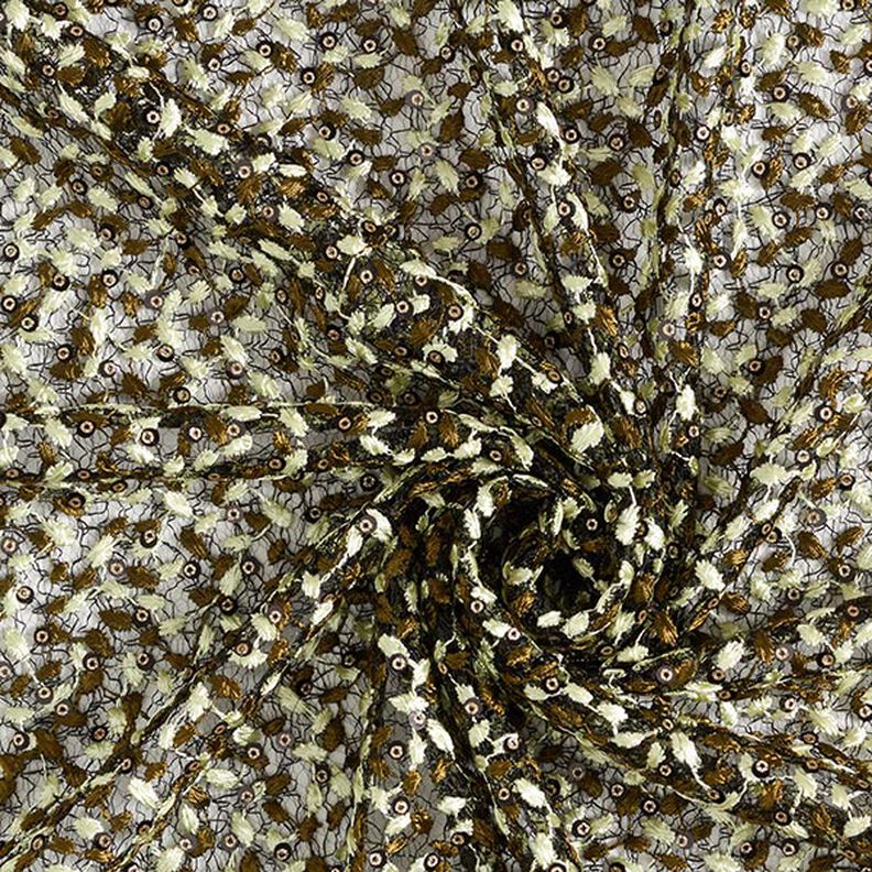 Kanten stof bloemenranken en pailletten – zwart/olijf,  image number 3