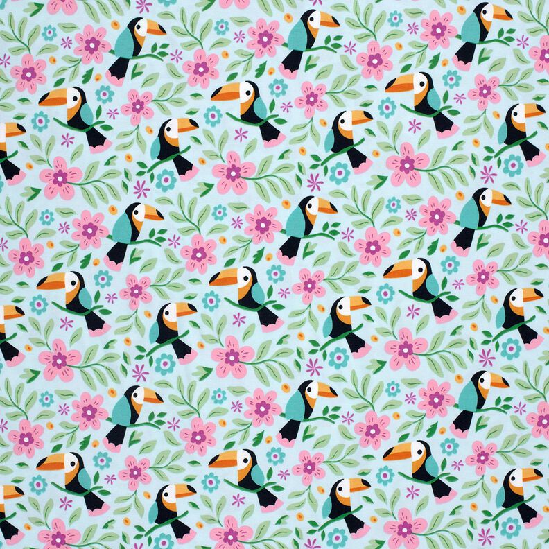 Katoenjersey Toekans in de bloemenjungle – babyblauw/oranje,  image number 1