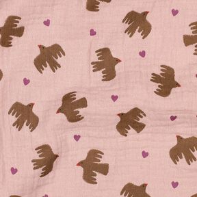GOTS Mousseline/dubbel gehaakte stoffen Vogels en harten | Poppy Fabrics – oudroze, 