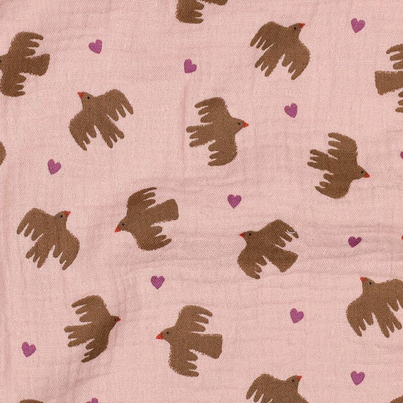 GOTS Mousseline/dubbel gehaakte stoffen Vogels en harten | Poppy Fabrics – oudroze, image number 3