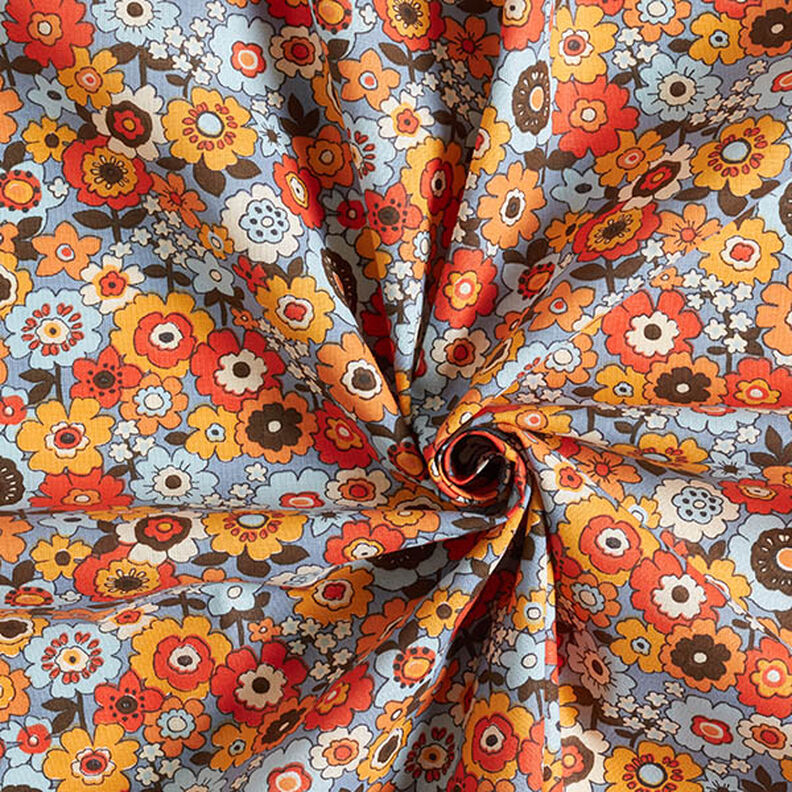 Katoenen stof Cretonne kleurrijke bloemen – licht jeansblauw/oranje,  image number 3