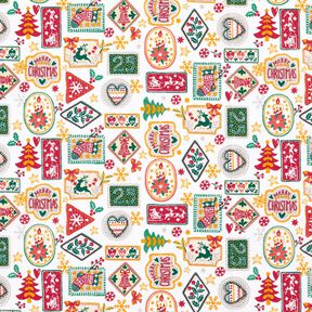 Katoenen stof Popeline Kerstbeelden – wit/karmijnrood, 