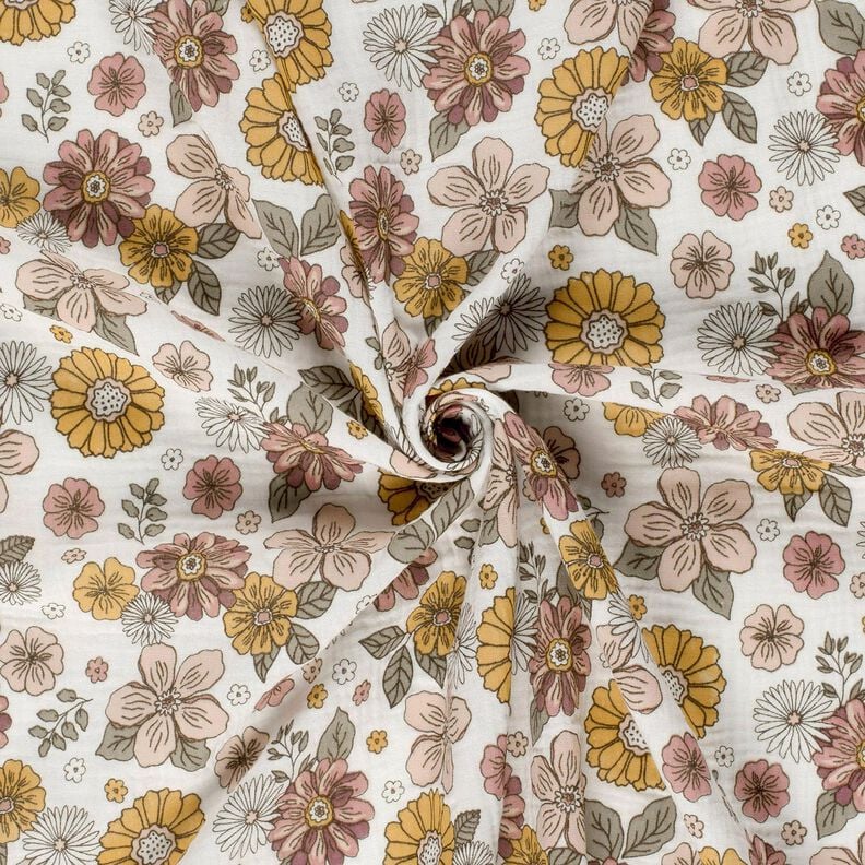 Mousseline/dubbel gehaakte stoffen Retro bloemen – wit,  image number 3