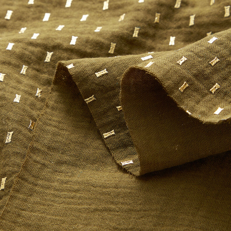 Mousseline/dubbel gehaakte stoffen Foliedruk Vakjes – donkerolijf/goud, image number 3