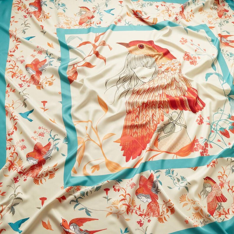 Satijnen paneel vogels en feeën | Katia Fabrics – aquablauw/creme,  image number 2
