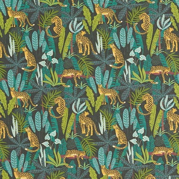 Decostof Katoenpopeline Luipaarden in de jungle – groen/geel,  image number 1