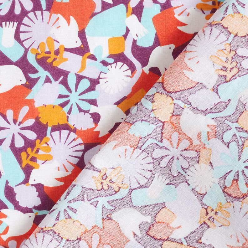 Katoenen stof Cretonne Vogels en bloemen – druif/pastelviolet, image number 4