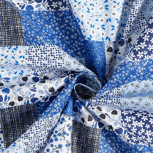 Katoenen stof Cretonne Patchwork-look – wit/blauw,  image number 4
