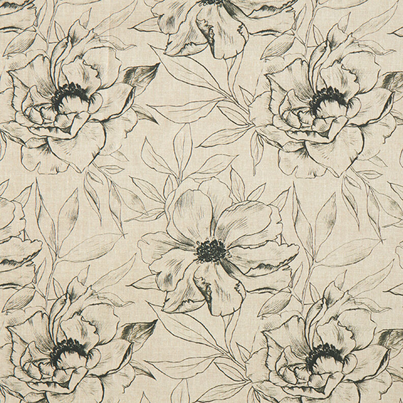 Decostof Half panama getekende bloemen – anemoon/zwart,  image number 1