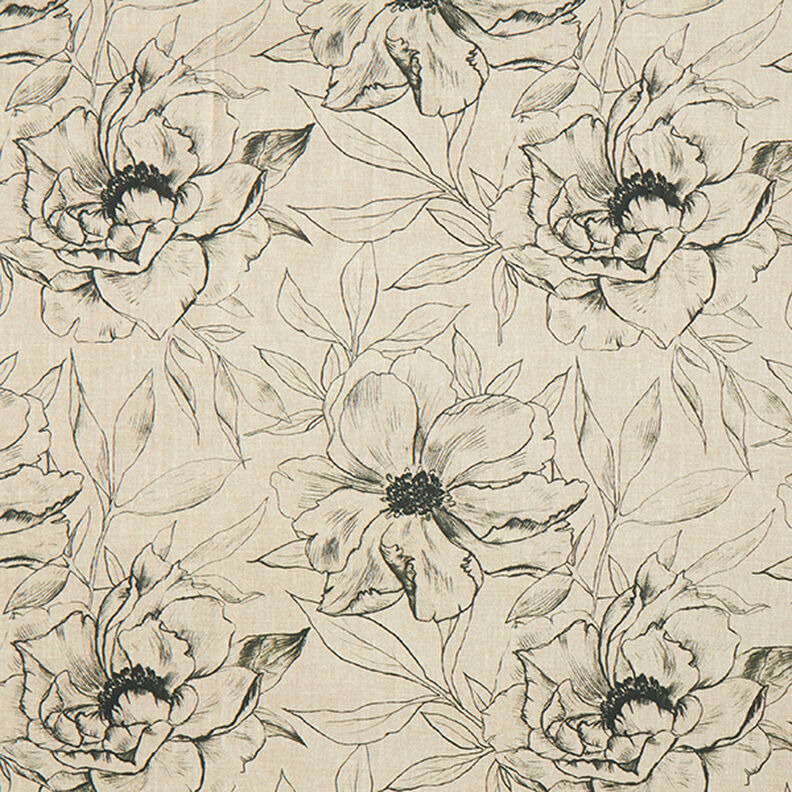 Decostof Half panama getekende bloemen – anemoon/zwart, image number 1