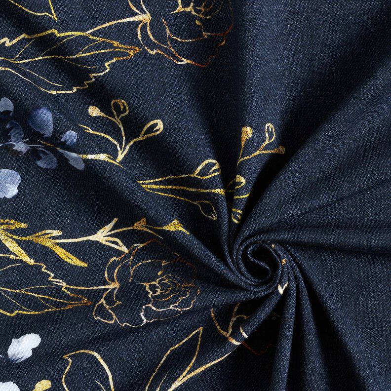 Katoenjersey Stof voor rand met bloemen in gouden glitters | Glitzerpüppi – nachtblauw/jeansblauw,  image number 3