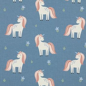Katoenjersey lieve glittereenhoorns – blauwgrijs, 
