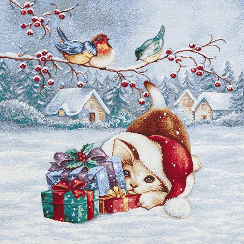 Decopaneel Gobelin Kat met geschenken – lichtblauw/karmijnrood, image number 1