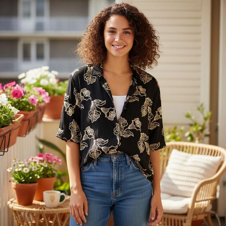 Viscosestof lelieborduurwerk, zwart &ndash; zwart/cr&egrave;me,  image number 5