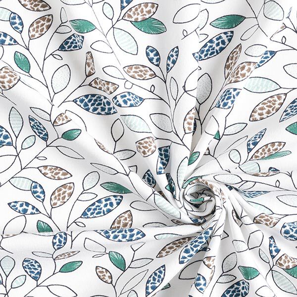 GOTS Katoenjersey Abstracte bladerranken – ecru/blauw, image number 3