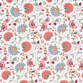 Katoenen stof Popeline elegante bloemenranken – wit/bessen, 