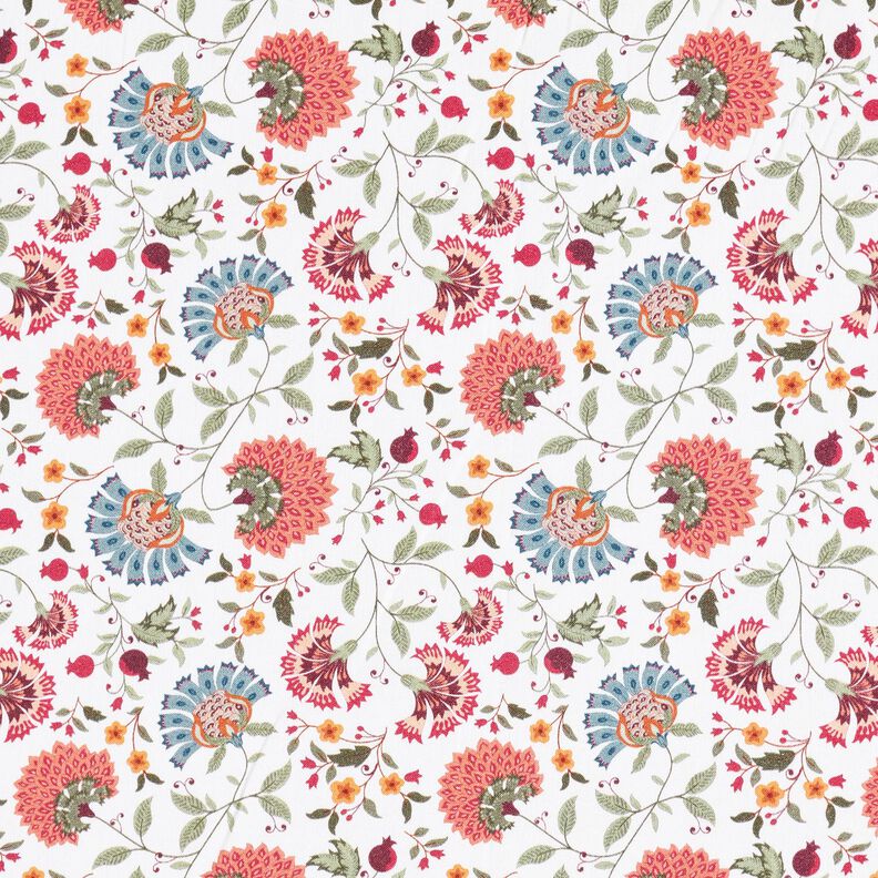 Katoenen stof Popeline elegante bloemenranken – wit/bessen,  image number 1