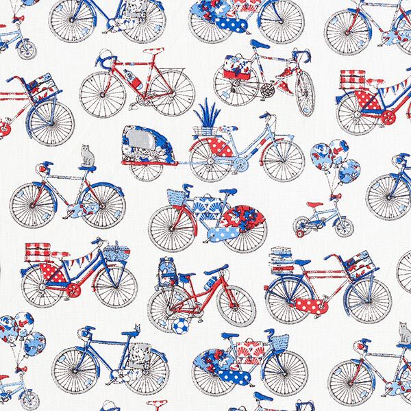 Katoenen stof Cretonne Retro fietsen – wit/blauw,  image number 1
